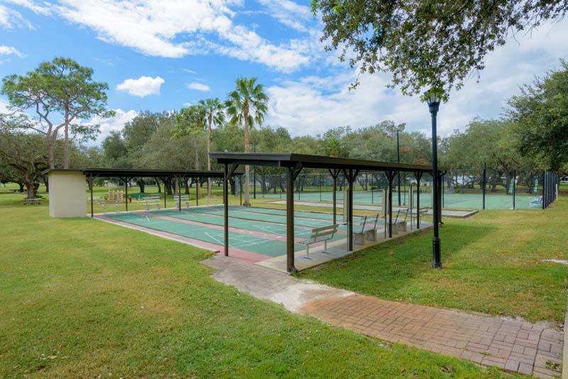 View of entrance to row of shuffleball courts and entrance path